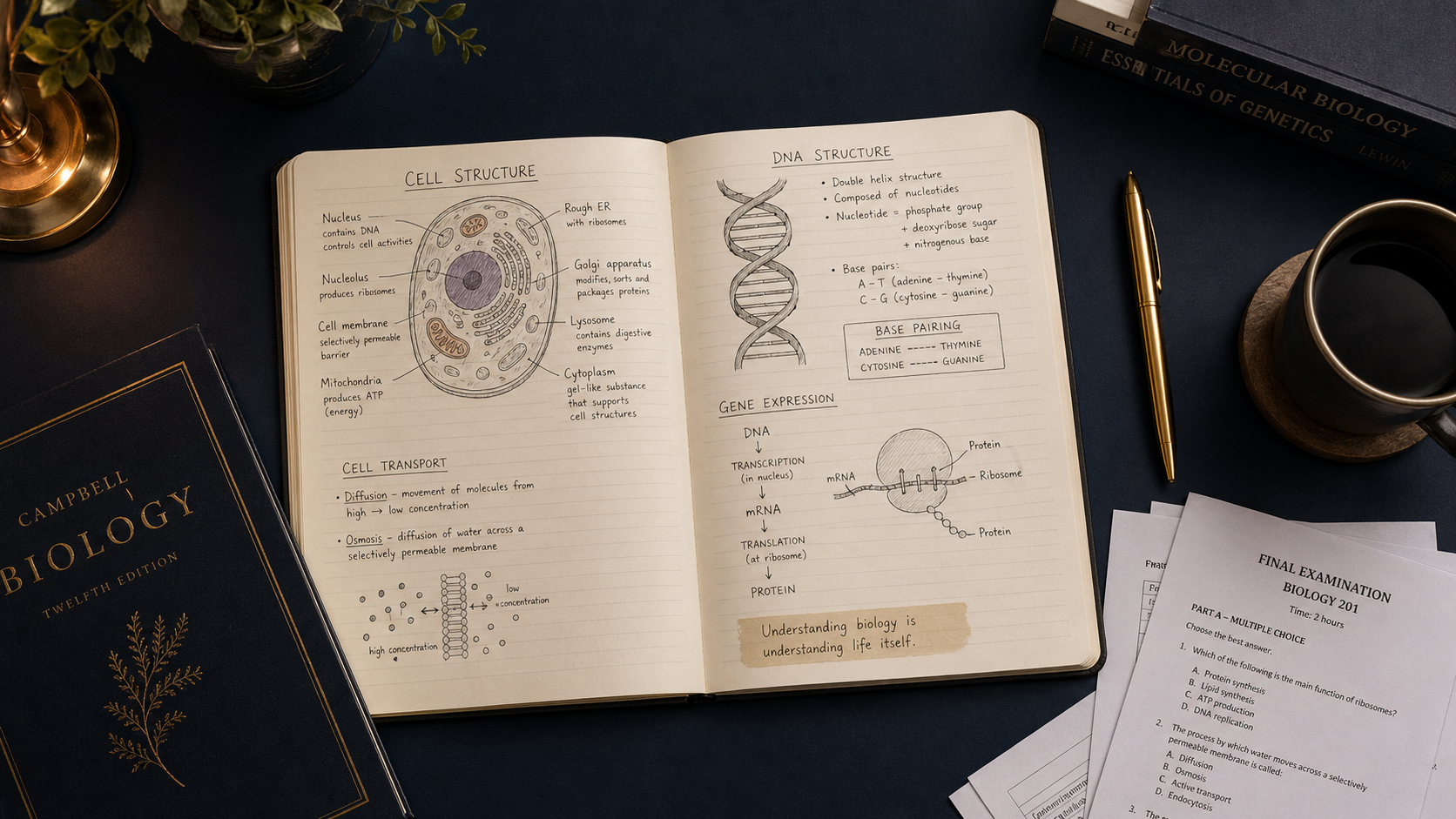 A desk with an open biology notebook covering cell structure and DNA, next to a biology textbook and an exam paper